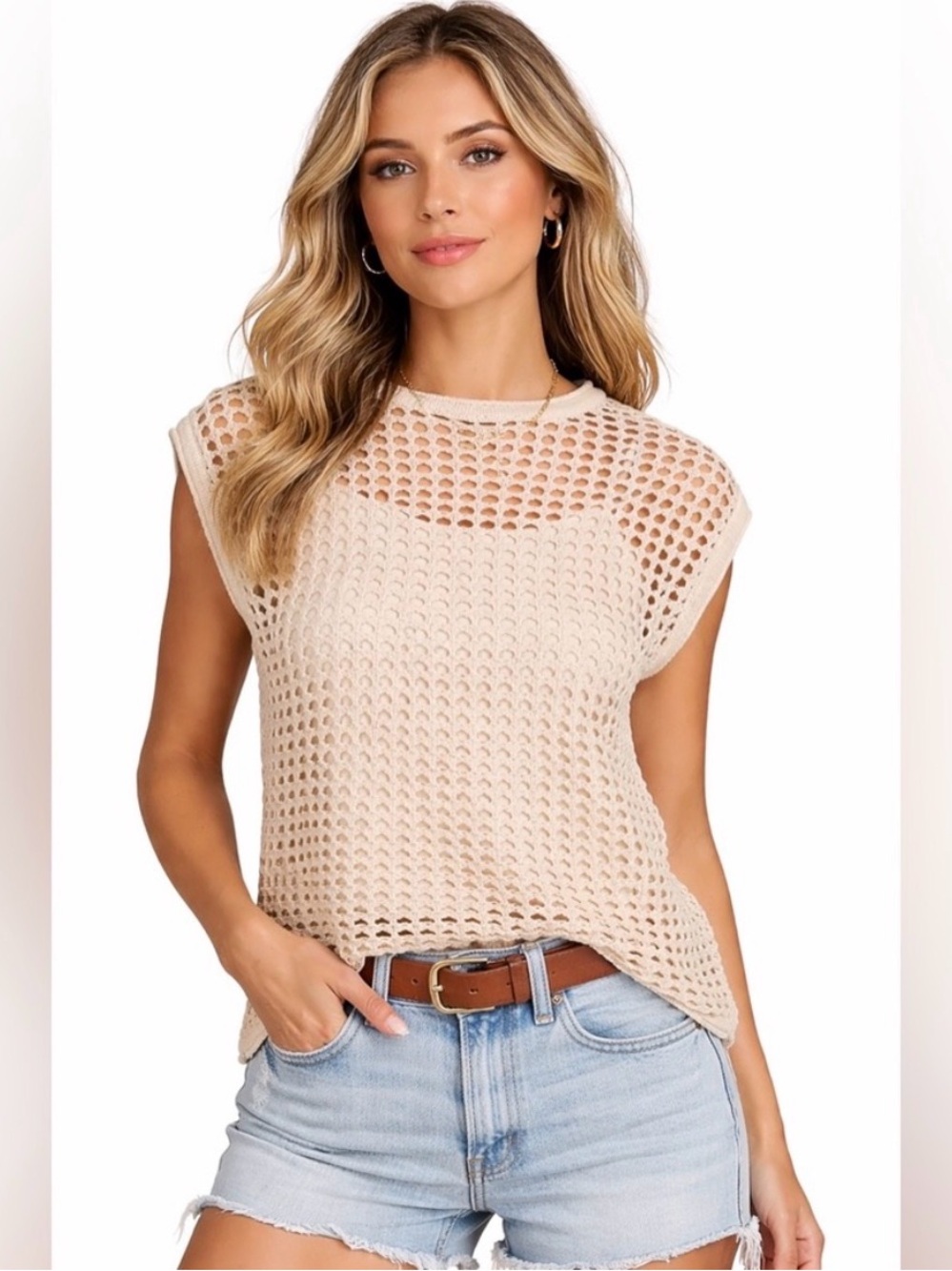 Women's Cream Crochet Knit Cap Sleeve Top